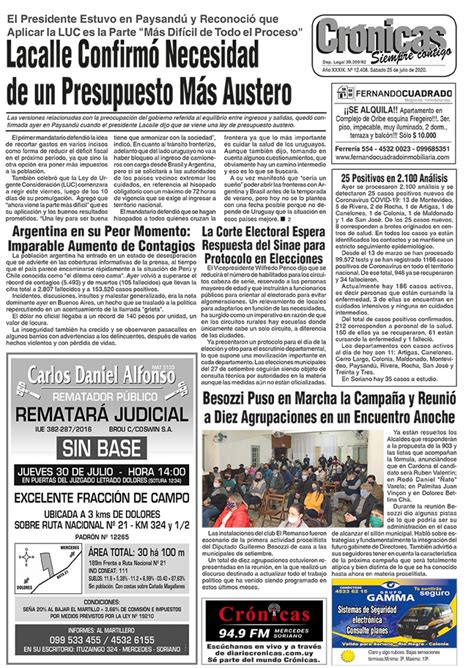 Amigos de mercedes y el pais. Diario Crónicas de Mercedes, Soriano, Uruguay | tapa del 25 julio 2020