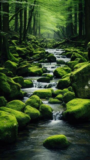 Premium Ai Image Lush Moss Covered Stones In Forest Stream Wallpaper