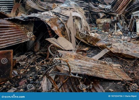 Australian Bushfire Aftermath Burnt Building Ruins And Rubble Stock