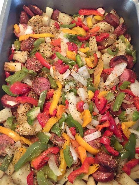 This is not just one. Turkey smoked sausage sliced, potatoes diced, mix bell ...