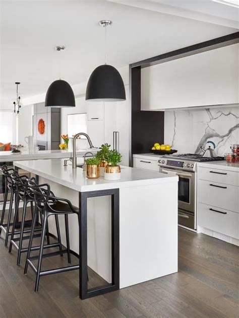 As we can see, for all the patterned backsplashes for the cooker hood, designers would contemporary kitchen black and white printed backsplash. Black and White Kitchen With Oversized Pendants | HGTV's ...