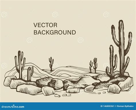 Cacti In The Arizona Desert Sketch Stock Vector Illustration Of