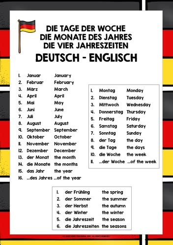 German Days Months Seasons Vocabulary List Teaching Resources