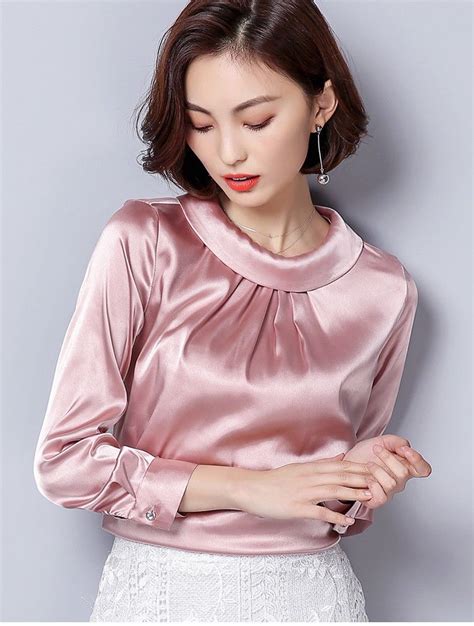 ladies satin silk shirt vintage pleated long sleeve shiny blouse pullover pink ebay shiny