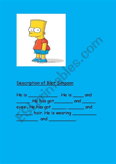 A Description Of Bart Simpson Esl Worksheet By Malasaña