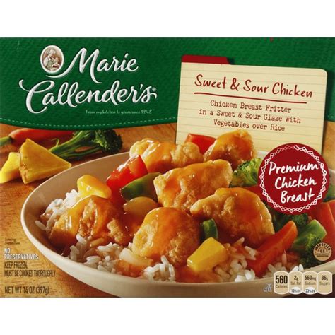 A collection of side by side cooked frozen dinner comparisons where the left is the marketing version of the box and the right is the results of following the microwave cooking instructions. Marie Callender's Sweet And Sour Chicken Dinners (14 oz ...