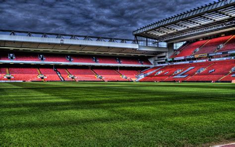 Liverpool fc logo, club, football, emblem, star, illuminated. Download wallpapers Liverpool stadium, HDR, Anfield, empty stadium, England, english stadiums ...
