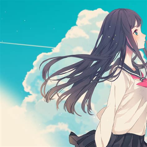 Wallpaper Clouds Anime Girl Profile View School Uniform Sky