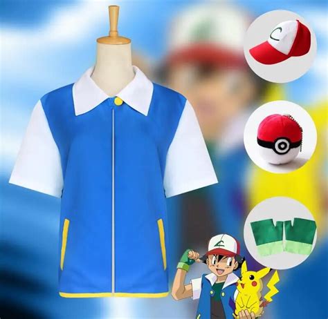 Hot Pokemon Go Ash Ketchum Trainer Costume Cosplay Shirt Jacket Gloves