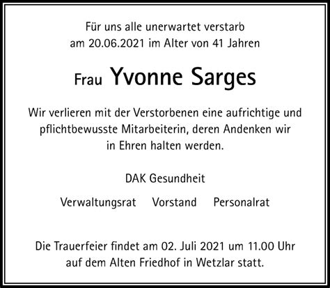 Traueranzeigen Von Yvonne Sarges Vrm Trauer De