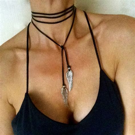 Leather Wrap Necklace Silver Angel Wings Black Choker Lariat Etsy