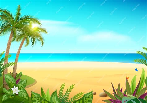 Premium Vector | Tropical paradise island sandy beach, palm trees and sea