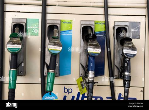Petrol Pumps At Bp Filling Station Showing Diesel Unleaded Fuel Stock