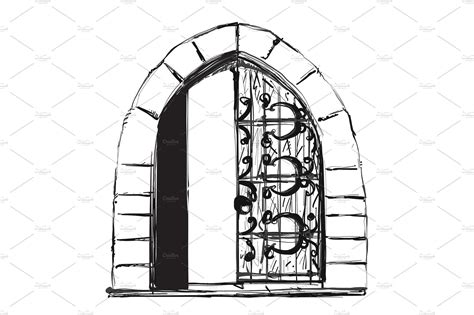 Outlined Pair Of Open Doors Design Art Graphic Illustration