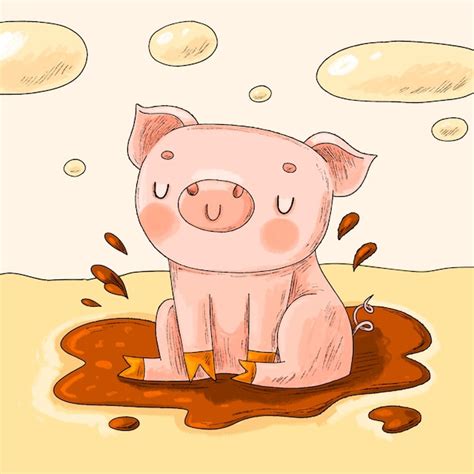 Ilustração de desenho animado de porco desenhada de mão Vetor Premium