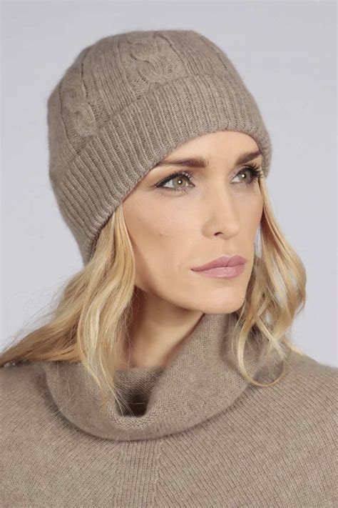 Camel brown beige pure cashmere beanie hat cable and rib knit | Italy in Cashmere UK