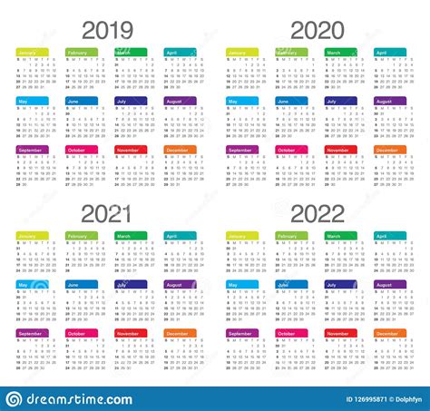 Year 2019 2020 2021 2022 Calendar Vector Design Template Stock Vector