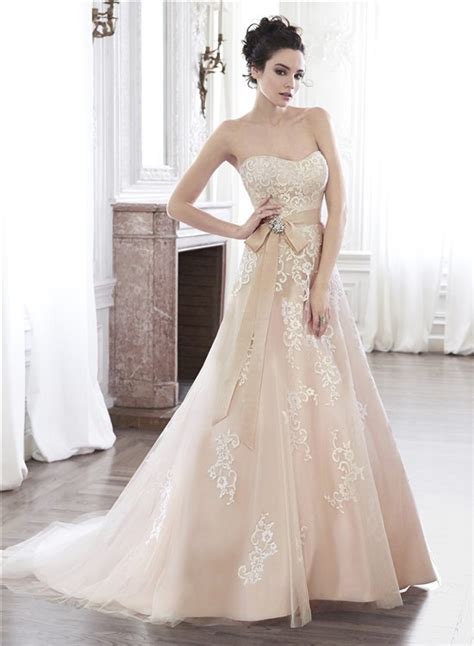 A Line Strapless Champagne Color Lace Applique Wedding Dress With
