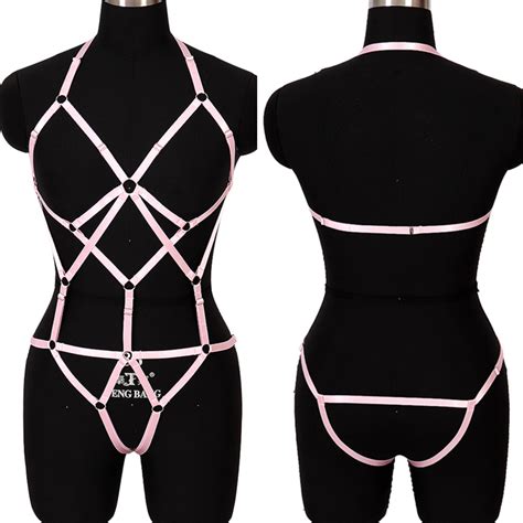 pink full body harness set halter elastic adjust bondage sexy lingerie women red harness bra