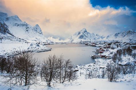Winter Over Reine Village At Lofoten Islands Norway Stock Image