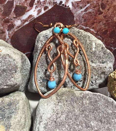 Hammered Copper Wire Wrapped Earrings Blue Swavorski Copper