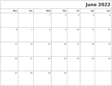 June 2022 Printable Blank Calendar