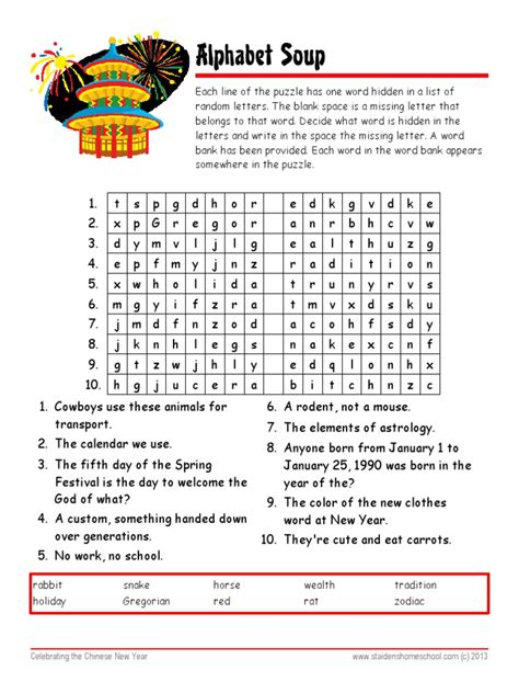 A sentence followed by a key word and a second sentence which has a gap in it. Chinese New Year Worksheet with Answer Key Alphabet Soup ...