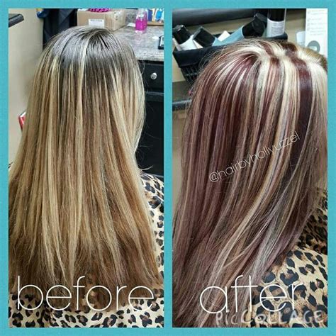 Dark skin with lots of warmth looks fantastic with a complimentary auburn hue. Chunky blonde highlights with cherry red lowlights | Hair ...