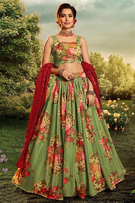 Buy Green Beautiful Floral Printed Silk Indian Lehenga Online Like A Diva