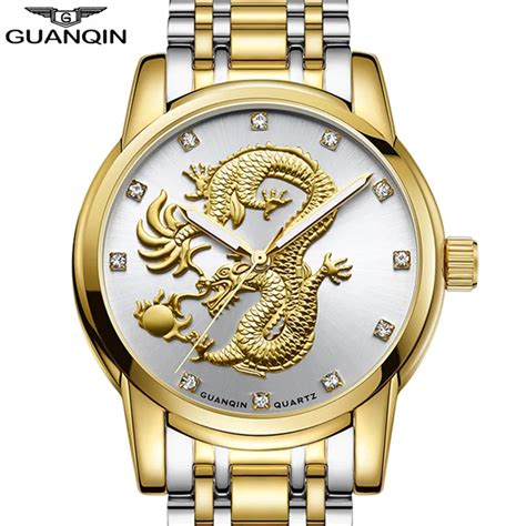 Guanqin Quartz Watch Men Dragon All Gold Waterproof 316l Stainless