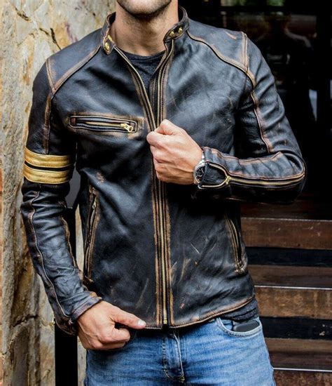 Vintage Retro Men Moto Cafe Racer Biker Black Brown Genuine Fit Leather Jacket Herrenmode