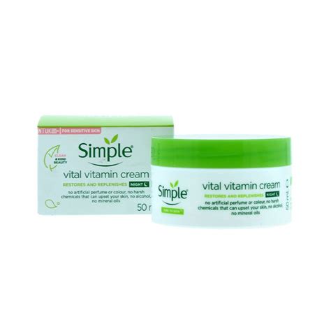 Simple's vital vitamin night cream is an ideal blend of ingredients to help restore and replenish skin throughout the night. Simple Vital Vitamin Night Cream 50ml - MB IMPORTS