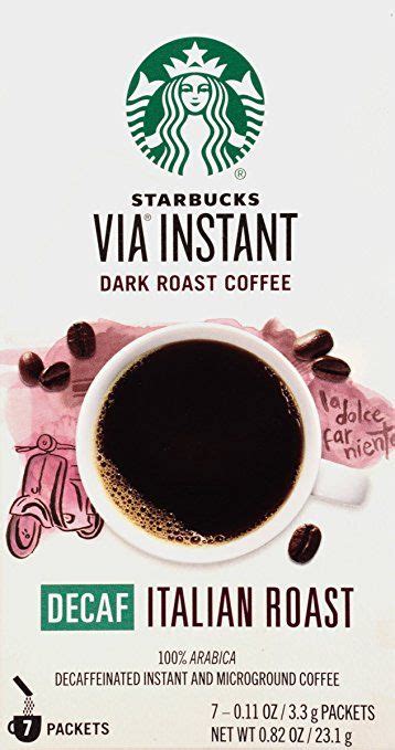 These include our regular and decaf coffee options, as well as k cups. Starbucks VIA Instant Coffee, Decaf Italian Roast, 7 Count ...