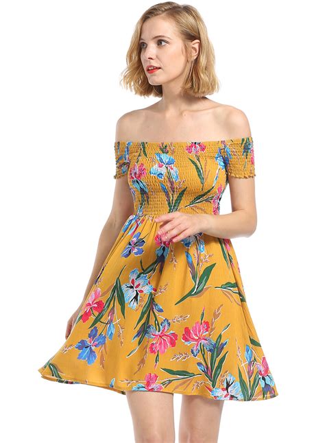 Summer Floral Printed Off The Shoulder Short Sleeve A Line Smocking Dress