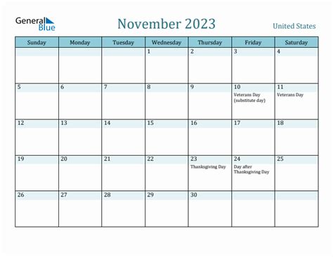 November 2023 Monthly Calendar With United States Holidays