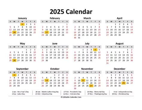 2025 Calendar With Us Holidays Editable In Excel Word Pdf
