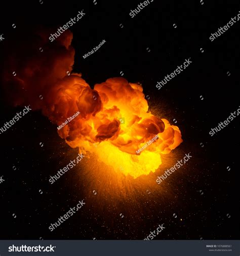 Realistic Fiery Explosion Sparks Over Black Stock Photo 1076888561