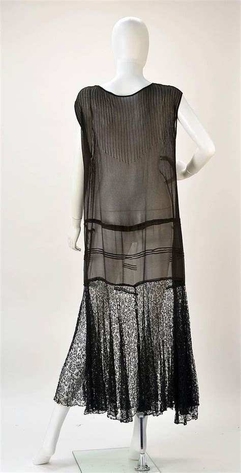 1920s Chiffon Drop Waist Flapper Dress With Black Lace Flapper