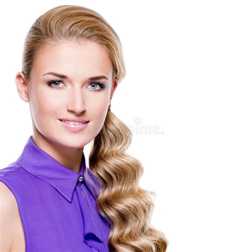 Blond Smiling Woman With Long Curly Beautiful Hair Stock Image Image