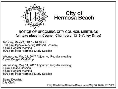 City Of Hermosa Beach Notice Of Upcoming City Council Meetings Easy Reader News
