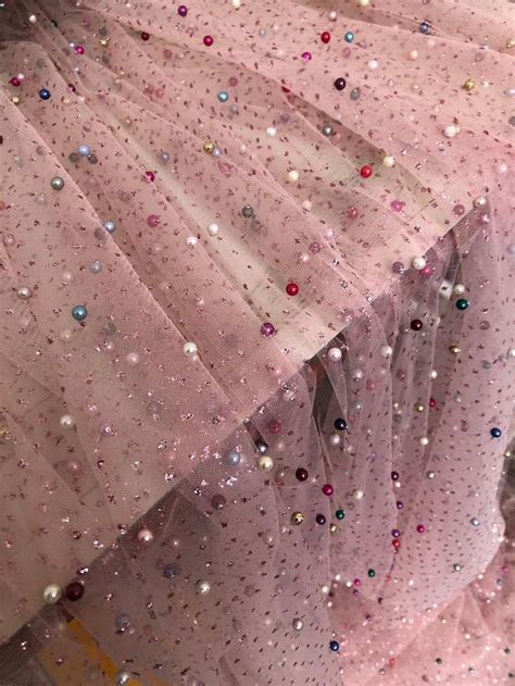 Pink Tulle Glitter Lace Fabric Embroidered With Colorful Pearls For