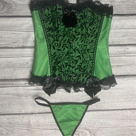 Green And Black Corset Set Lace Up Back Sexy Floral Depop