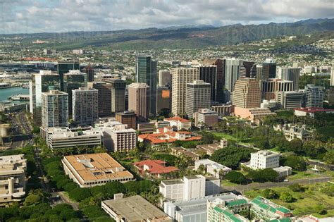 Hawaii Oahu Downtown Honolulu From Above Stock Photo Dissolve