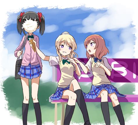 Safebooru 3girls Ayase Eli Bag Black Hair Blonde Hair Bow Food Green Ribbon Hair Ribbon Ice