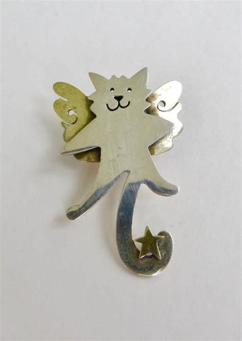 Sterling Cat Angel Brooch Vintage Silver Angel Cat Pin Silver And