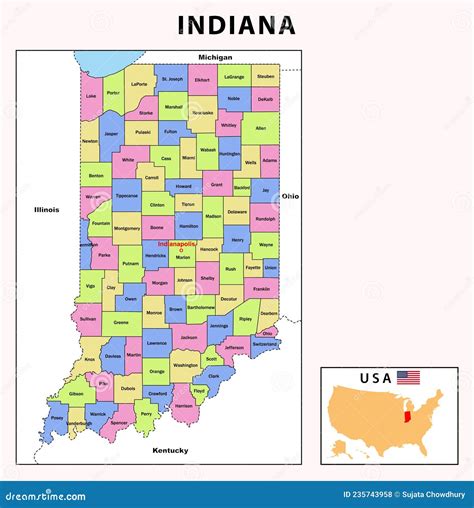 Indiana Map Political Map Of Indiana With Boundaries Stock Vector