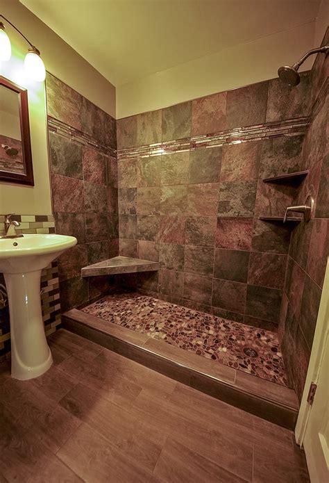 River Rock Shower And Wood Grained Tile Floor Bathroom Remodel In Daly