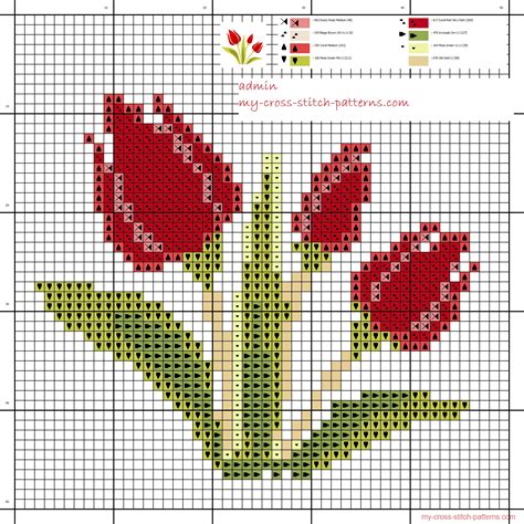 Small And Simple Cross Stitch Pattern Of Three Red Tulips Free Cross