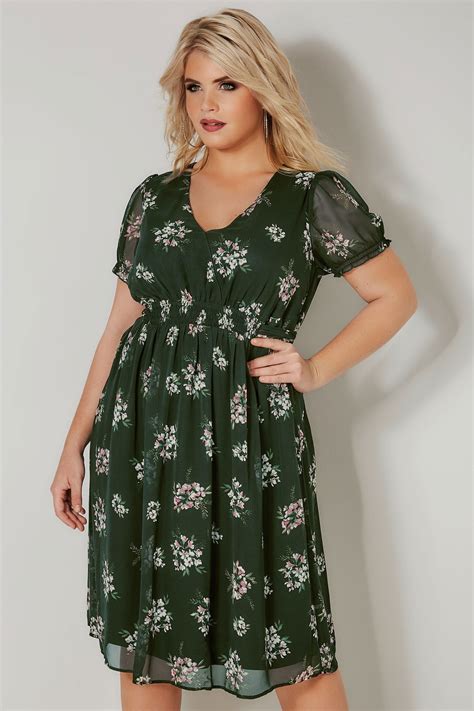 Green Floral Wrap Front Tea Dress With Waist Tie Plus Size 16 To 36