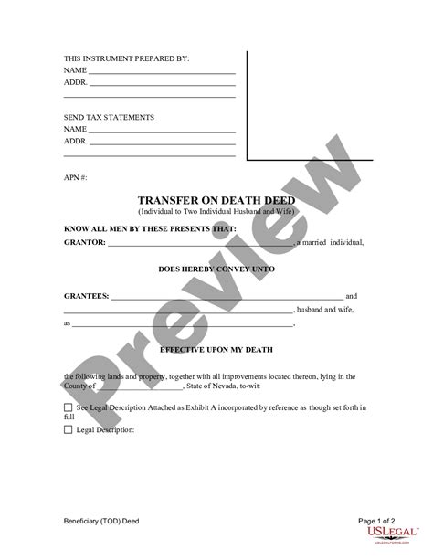 Nevada Transfer On Death Deed Or Tod Deed Upon Death Us Legal Forms